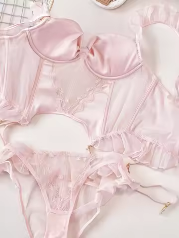 Pink With Chest Pad Fishbone Corset Lingerie Set Fixed Double Straps Midriff Women Bra with Underpan
