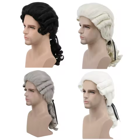 Mens Lawyer Judge Baroque Wig Cosplay Curly Wigs Deluxe Historical Long Wig For Halloween Party Whit