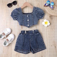 Export Europe and America Cross Border Girl Baby Summer Clothes Bishop Sleeves Top Denim Shorts Suit