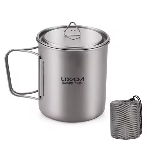 Lixada Water Cup Mug Titanium Water Cup Mug with Lid Handle Folding Spork for Outdoor Camping