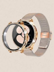 購買手錶錶帶即可獲得免費的手錶盒，適用於三星Galaxy Watch Band 4 5 6，40毫米和44毫米網狀不銹鋼玫瑰金手錶帶，帶有閃亮外殼和強化玻璃屏幕保護器，男女皆宜，附20毫米彈簧棒工具
