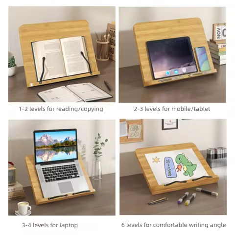 Durable Wooden Book Stand Tilt Angles Folding Reading Holder 8 Adjustable Non-slip Post Stand