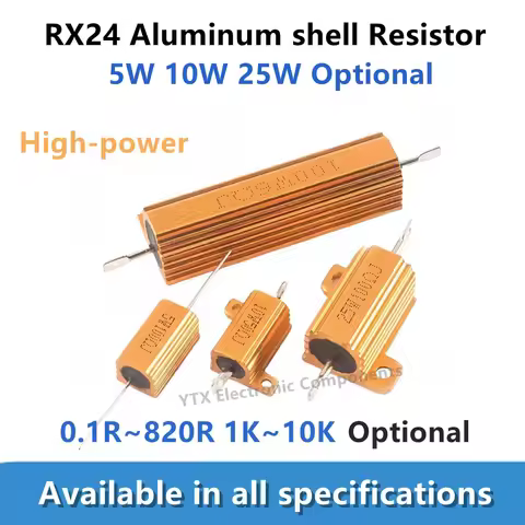 2pcs RX24 5W 10W 25W Gold aluminum shell Resistor 0.1R 0.22R 1R 1.5R 2R 10 12 15 47 75R 100 120R 200