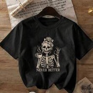เสื้อยืดผู้หญิงแขนสั้นคอกลมสไตล์แฟชั่น พร้อมลายกราฟิก "Coffee Skull Girl" – 100% คอตตอน – ดีไซน์ Hal