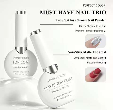 PERFECT COLOR Chrome Matte Top Coat Set, Chrome Powder Top Coat + Non Stick Matte Top Coat Kit, Nail