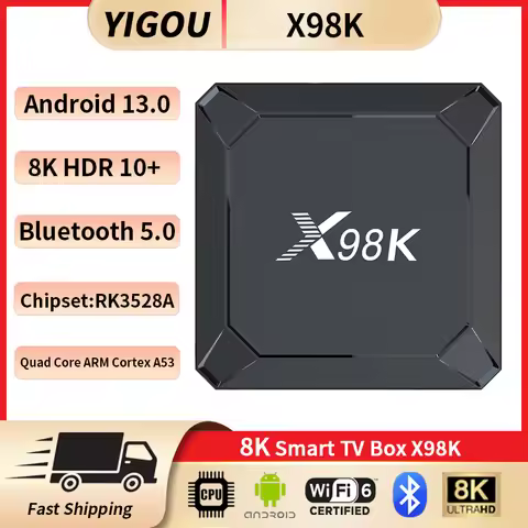 X98K Android 13 Smart TV Box Rockchip RK3528A Quad Core ARM Cortex A53 8K Video 4K@60fps H.265 Wifi6