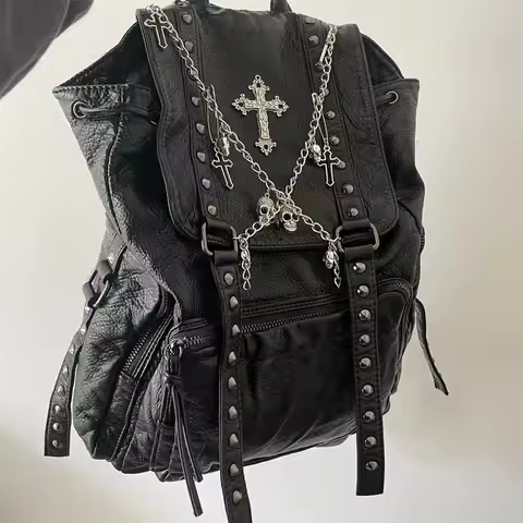 Original Y2K Girls Soft Leather Punk Backpack School Skull Cross Chain Backpack Korean Style Bagpack