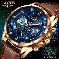 LIGE Men Watch Waterproof Original Fashion starry sky Leather Strap Chronograph Quartz Wrist Watch