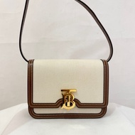 Burberry棕皮邊白帆布金釦TB斜背包