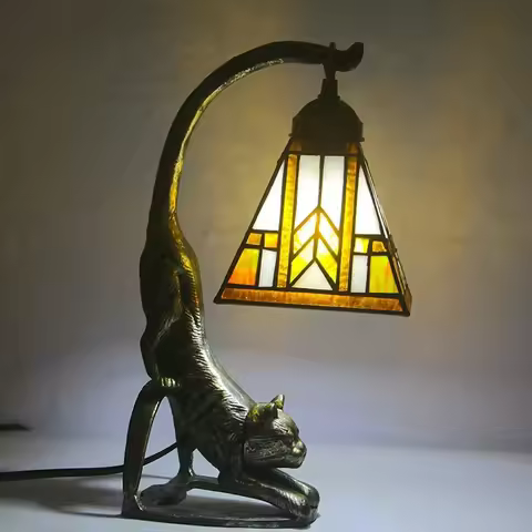 86LIGHT Tiffany Glass Table Lamp LED Vintage Creative Novelty Cat Desk Light Decor for Home Bedside