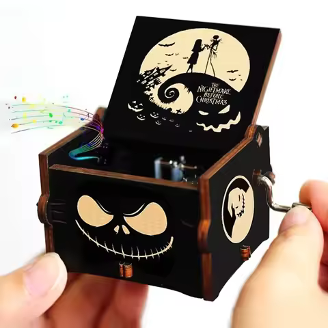 The Nightmare Before Christmas Wooden Music Box Hand Crank Nightmare Before Christmas Antique Engrav