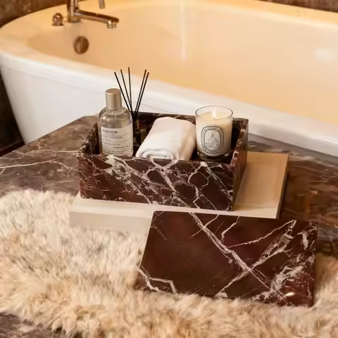 ​Natural Marble Cotton Swab Holder Rectangular Organizer for Qtips, Makeup & Bathroom Vanity, Purple