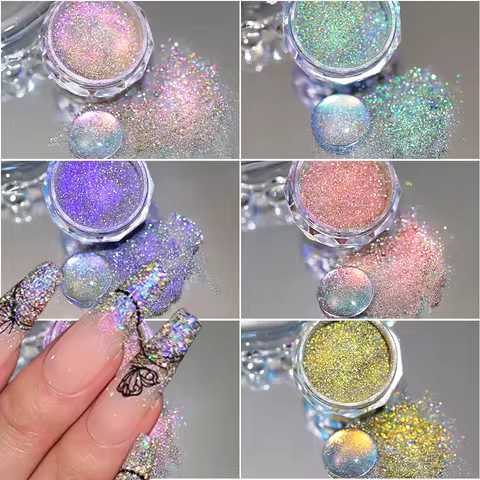 1Jar 0.3g Aurora Diamond Nail Art Powder Reflective Crystal Chrome Pigment Dust Sparkly Polarized Cl