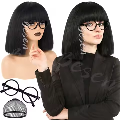 Synthetic Fluffy Yaki Bob Wig+Glasses Frame for Women,Black Bob Wig with Bangs Edna Mode Costume Wig
