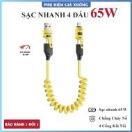 XO 4-lead fast charging cable - 65W. 4in1 charging cable. Metal cable spring charging cable. 4 in 1 