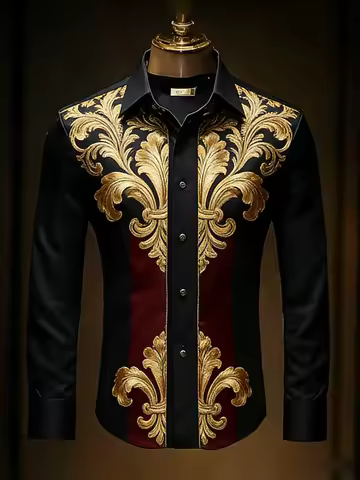 Men's retro gorgeous long-sleeved shirt gold pattern 3D printed shirt Hawaiian vacation wedding part