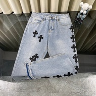 Chrome hearts chrome hearts Mattyboy Same Style Black Cross Leather Frayed Jeans Unisex Same Style