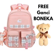 Tas Ransel Anak Perempuan Premium Bahan Oxford Desain Geometris dengan Aksesoris Free