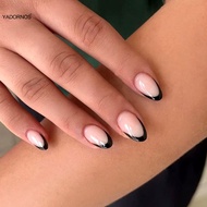 French Oval False Nails for Girls 24pcs Black Edge Design Nude Color Wearable Press on Nail Tips Full Cover Short Acrylic Nails