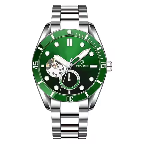 TEVISE Watch Automatic Mechanical Movement Fashion Stainless Steel Strap Skeleton Watch Luminous 24 