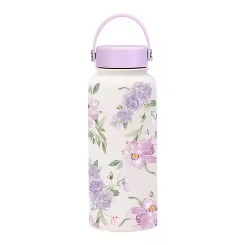 1000ML Vacuum Bottle Printed Design Flowers Pattern Vacuum Sports Bottle Portable Large Capacity Wat