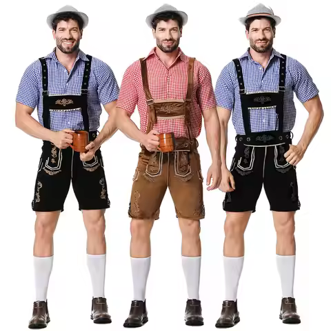Male Oktoberfest Lederhosen Costume Bavarian Octoberfest German Beer Costume Shirt Suspender Shorts 