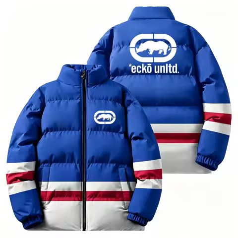 Winter Men Thick Padded Down Jacket Ecko Unltd Rhino Print Stand‑collar Zip Coat Hip‑hop Street Styl