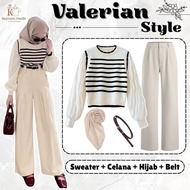 Korean Style Women (Bella Square, Striped Sweater, Pants, Belt) Cool Hanging Out Outfit KY2B