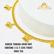 MYDORA Rantai Tangan Lipan Kait Gantung 3 & 5 Love | EMAS 916/22k