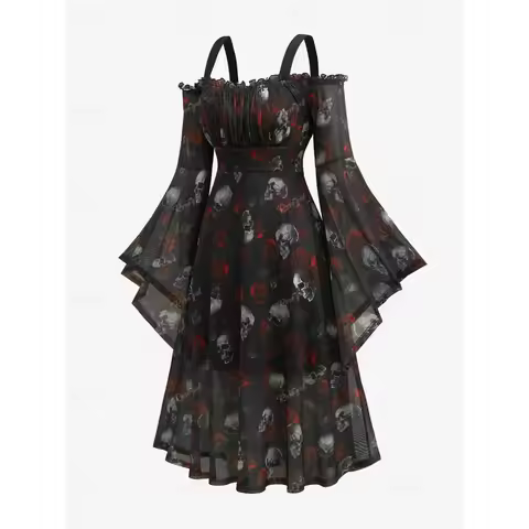 Rosegal plus Size loween Dres for Women Skull Rose Print Cleanfit PVC A-Line Sve Ciwalk T-irt Dr Mid