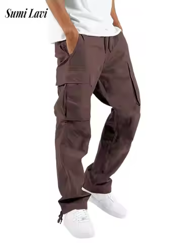 Trendy Mens Loose Straight Cargo Pants Spring Autumn Casual Solid Color Multi Pocket Cargo Trousers 