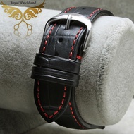 ▦卐¤ New Arrival 18mm 19mm 20mm 22mm Genuine Leather Black Croco Grain Red Stitch Watch Band Strap Silver Depolyment Steel Buckle