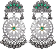 Indian Antique Silver Oxidized Afghani Gypsy Green Stone Designer Ethnic Ghungroo Bells Dangle Jhumka Jhumki Earrings Jewelry, alloy, No Gemstone