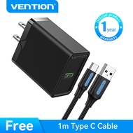 【COD】Vention หัวชาร์จเร็ว หัวชาร์จ 18W ชาร์จเร็ว QC 3.0 USB แอนดรอยด์ สายชาร์จเร็ว for samsung Huawe