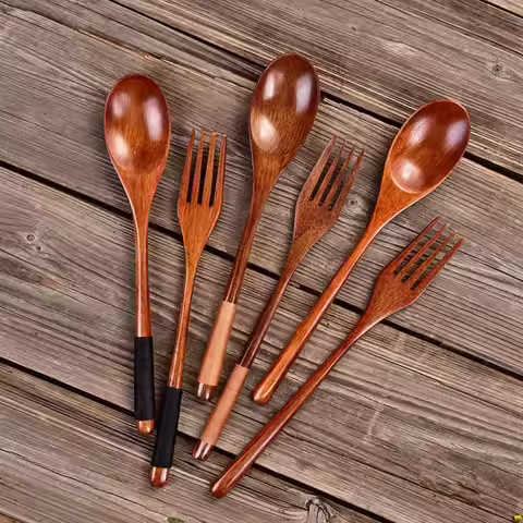 New Wooden Spoon Wooden Fork Utensil Cereal Fork Kitchen Accessories Kitchen Spoon Fork Dinnerware C