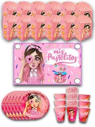 Kit de Fiesta 10 Invitados de Personaje Mis Pastelitos Desechables 31 pz Artículos Decoración Cartón Platos Vasos Dulceros + Lona