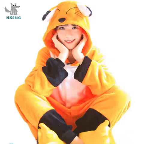 HKSNG Adult Flannel Kigurumi Fox Onesies Cartoon Pajamas Animal Halloween Party Costume Jumpsuits Ho