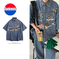 COOYA Suikeone short-sleeved denim shirt summer loose retro embroidered unisex shirt P9JV