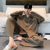 Pure Cotton Pajamas Mens Luxury Pajamas Spring and Autumn Casual Loungewear Long-sleeved Cardigan Lo