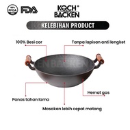 KOCH&BACKEN Cast Iron Wok Flat Bottom With Wooden Handle and Lid 33cm - Wajan Penggorengan Panci Bes