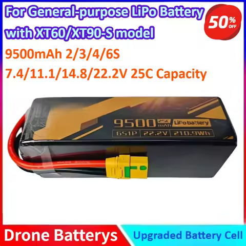 9500mAh 2/3/4/6S 7.4/11.1/14.8/22.2V 25C Capacity General-purpose LiPo Battery for RC Fixed-Wing Air