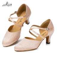 【High-quality】 Ladingwu New Brand Satin And Rhinestone Closed Toe Ballroom Dance Shoes Beige/black Shoes For Women Latin Salsa Dance Shoes