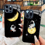 Astronaut and Moon Black Glass Case for iPhone 17 16 15 14 13 12 11 8 7 6 6s 6p 7p 8p 6g 7g 8g Pro M