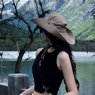 Outdoor Hiking Hat Summer Hat Women's Sunscreen Sun Hat Windproof Rope Foldable Western Cowboy Bucke