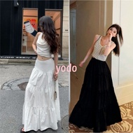 YODO Women's Dimension Skirt Black White Two Colors Long Style Gentle Cake Lotus Edge A-Line Korean 