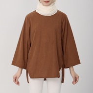 Blouse Women Split Hem Solid Color Baju Kemeja Wanita Long Sleeved Simple Loose Kemeja Perempuan Sty