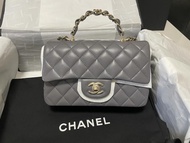 Chanel 23K mini classic flap bag with handle 20cm灰色羊皮金扣