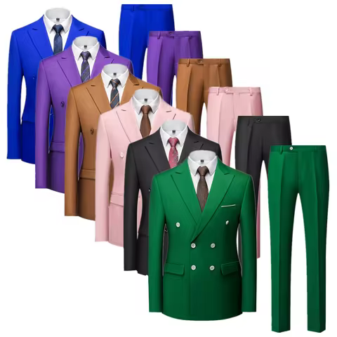 Qj Cinga Brand Men Pure Color Double Breasted Suit 2 Piece Large Size 5XL Fashion Minimalist Men's B