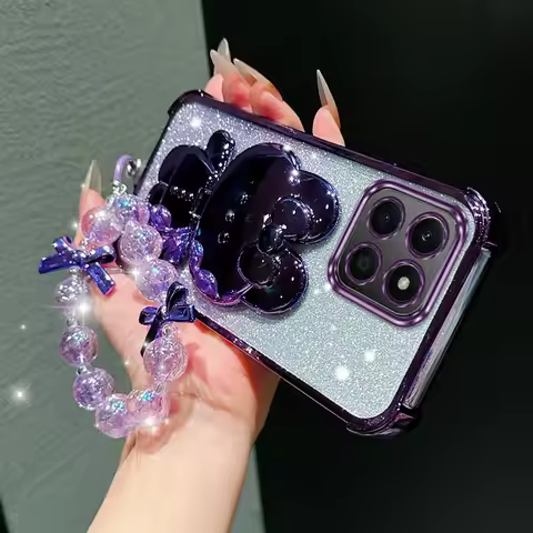 X 8C Cute Cat Bracket Lanyard Plating Phone Case For Honor V40 X40 X9A X6A X6C X5B X7 X50 X60i X60 X