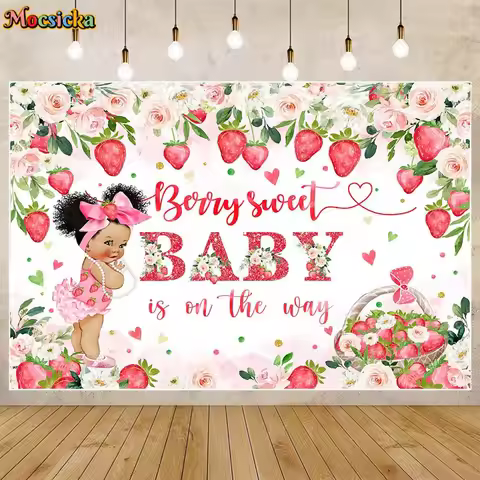 Mocsicka Strawberry Baby Shower Backdrop Girl Welcome Party Decor Berry Sweet Baby Is On The Way Pho